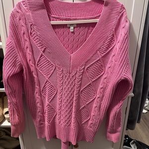 Pink V-Neck Cable Knit Sweater